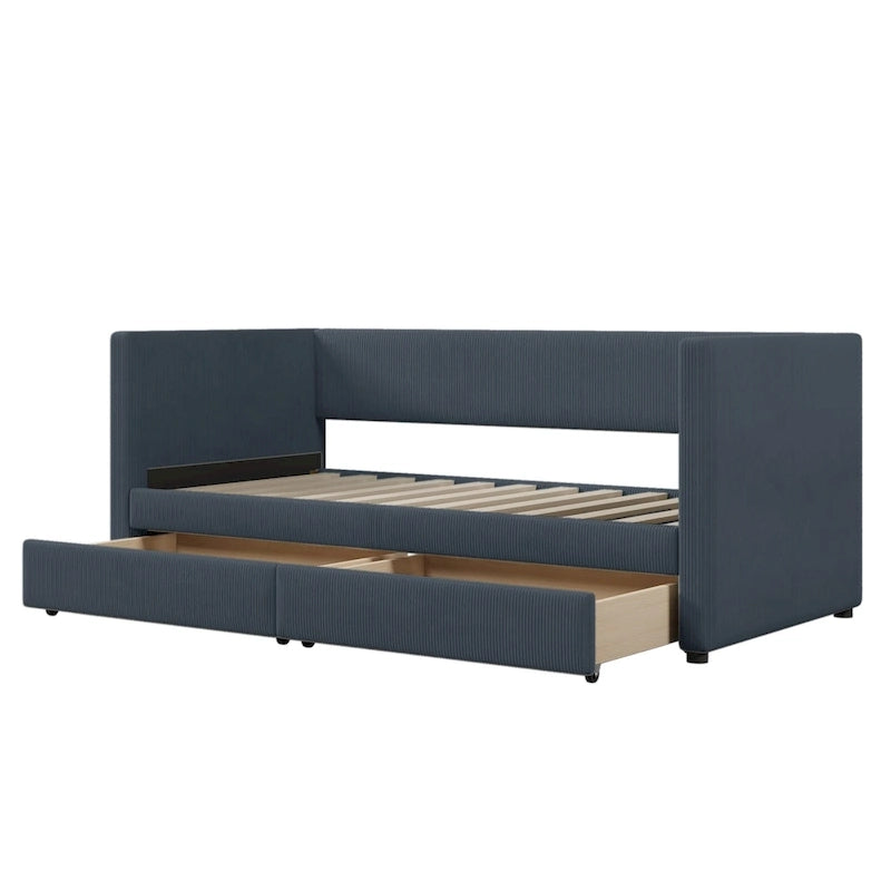 Twin Size Corduroy Upholstered Daybed with Two Storage Drawers and Wood Slat Frame & Headboard, No Box Spring Needed