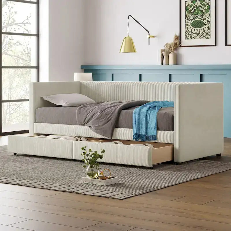 Twin Size Corduroy Upholstered Daybed with Two Storage Drawers and Wood Slat Frame & Headboard, No Box Spring Needed