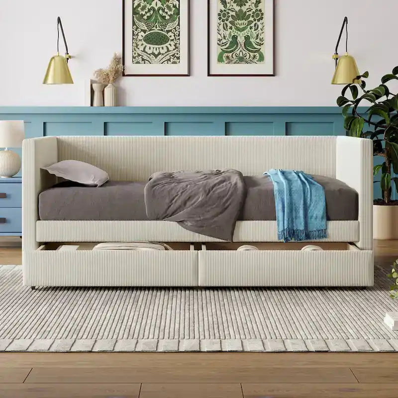 Twin Size Corduroy Upholstered Daybed with Two Storage Drawers and Wood Slat Frame & Headboard, No Box Spring Needed