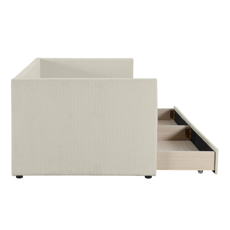 Twin Size Corduroy Upholstered Daybed with Two Storage Drawers and Wood Slat Frame & Headboard, No Box Spring Needed