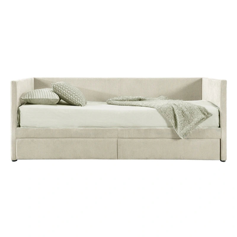 Twin Size Corduroy Upholstered Daybed with Two Storage Drawers and Wood Slat Frame & Headboard, No Box Spring Needed