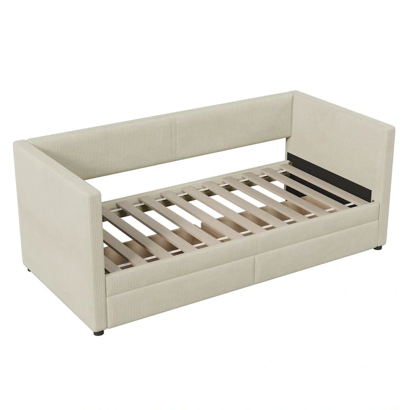 Twin Size Corduroy Upholstered Daybed with Two Storage Drawers and Wood Slat Frame & Headboard, No Box Spring Needed