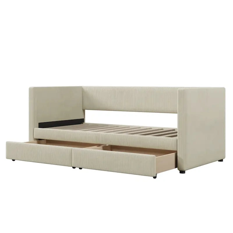 Twin Size Corduroy Upholstered Daybed with Two Storage Drawers and Wood Slat Frame & Headboard, No Box Spring Needed