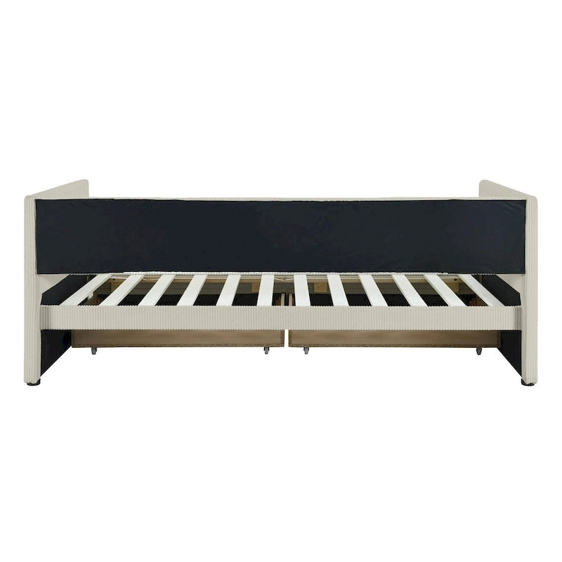 Twin Size Corduroy Upholstered Daybed with Two Storage Drawers and Wood Slat Frame & Headboard, No Box Spring Needed