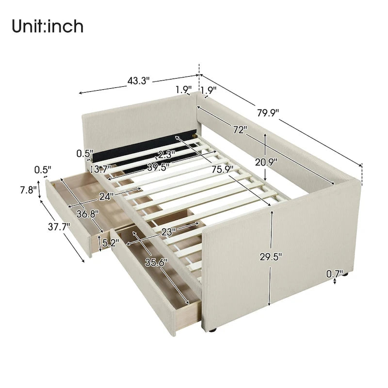 Twin Size Corduroy Upholstered Daybed with Two Storage Drawers and Wood Slat Frame & Headboard, No Box Spring Needed