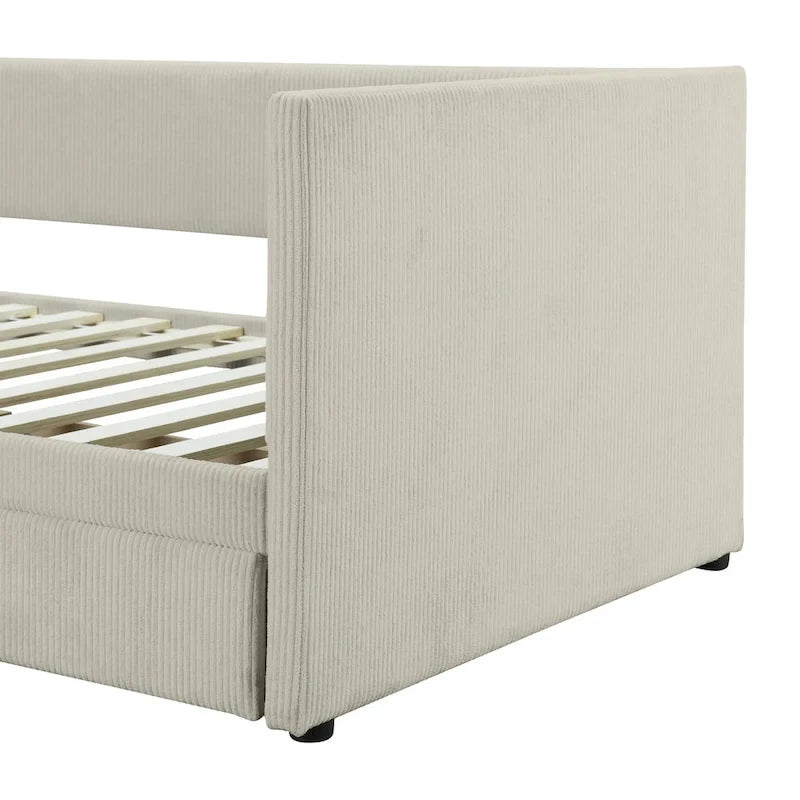 Twin Size Corduroy Upholstered Daybed with Two Storage Drawers and Wood Slat Frame & Headboard, No Box Spring Needed