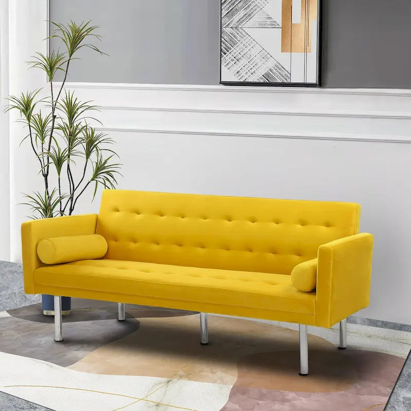 Futon Sofa Bed with Tufted Back and Wood Legs