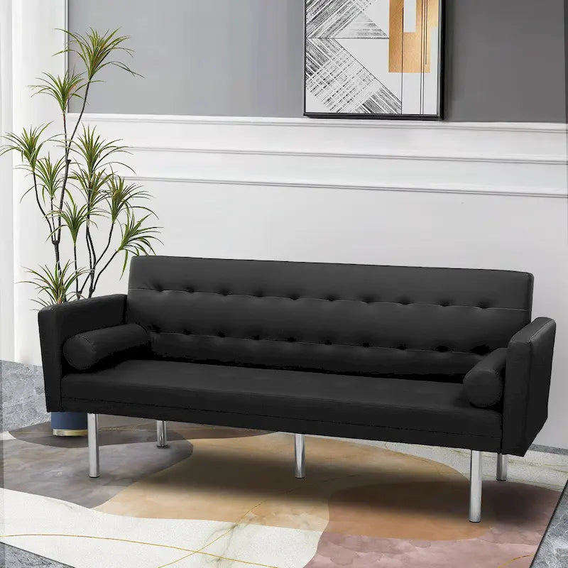Futon Sofa Bed with Tufted Back and Wood Legs