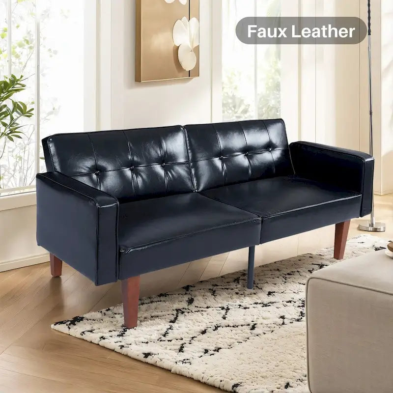 Futon Sofa Bed with Tufted Back and Wood Legs