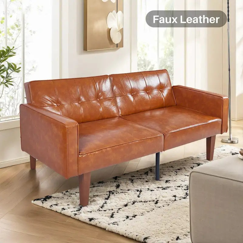 Futon Sofa Bed with Tufted Back and Wood Legs