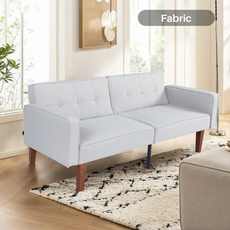 Futon Sofa Bed with Tufted Back and Wood Legs