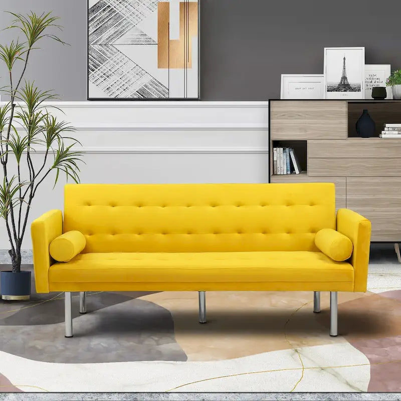 Futon Sofa Bed with Tufted Back and Wood Legs