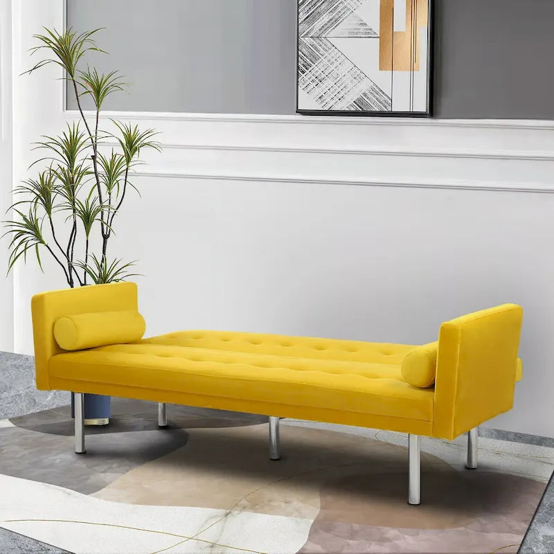 Futon Sofa Bed with Tufted Back and Wood Legs