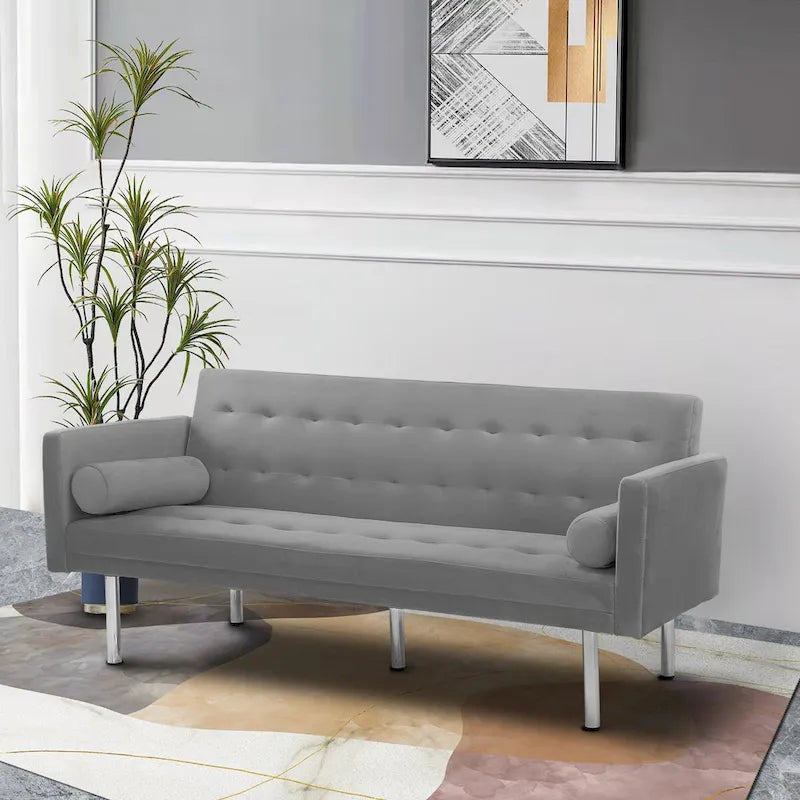 Futon Sofa Bed with Tufted Back and Wood Legs