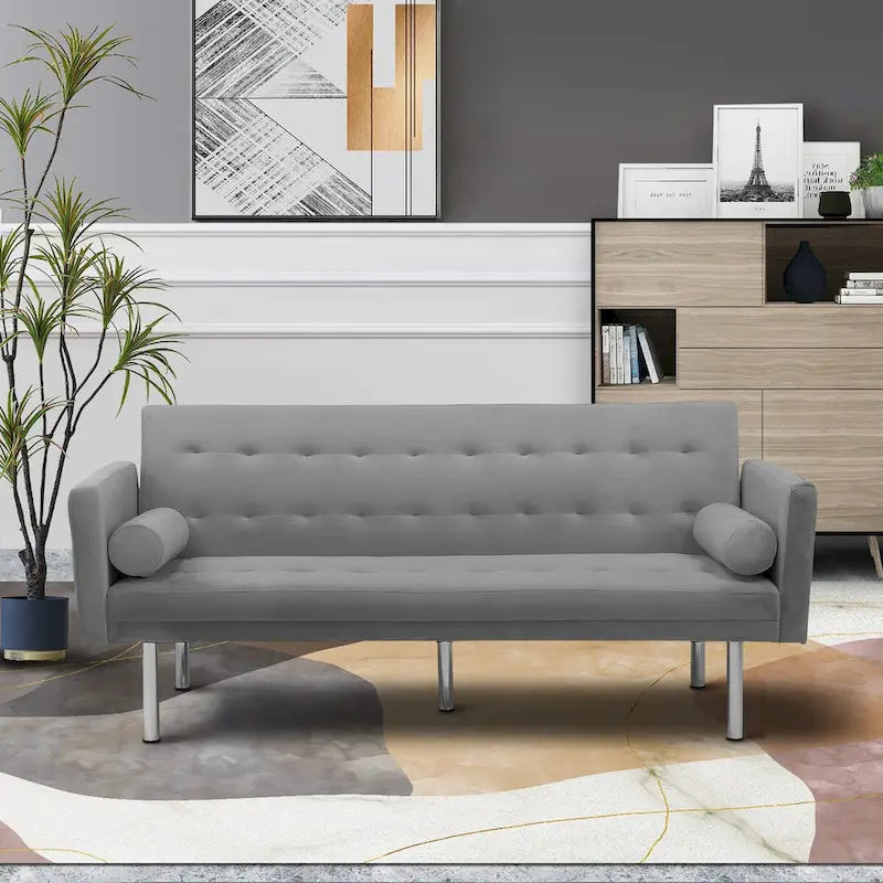 Futon Sofa Bed with Tufted Back and Wood Legs
