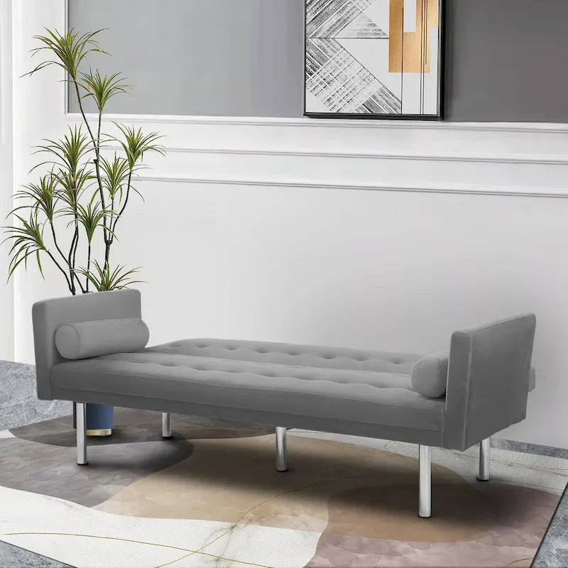 Futon Sofa Bed with Tufted Back and Wood Legs