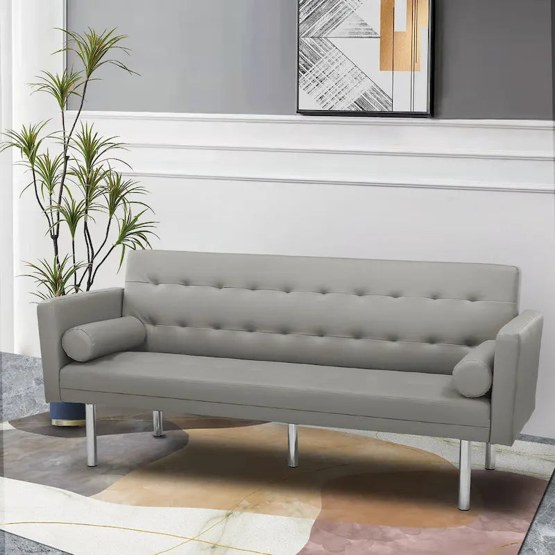 Futon Sofa Bed with Tufted Back and Wood Legs