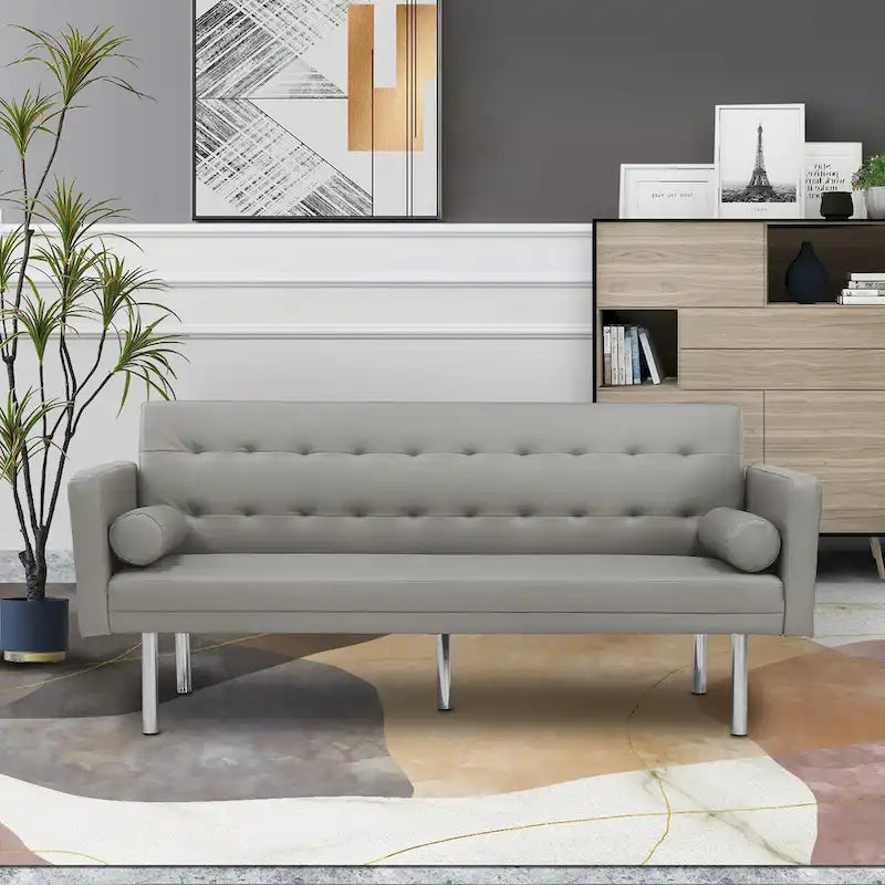 Futon Sofa Bed with Tufted Back and Wood Legs