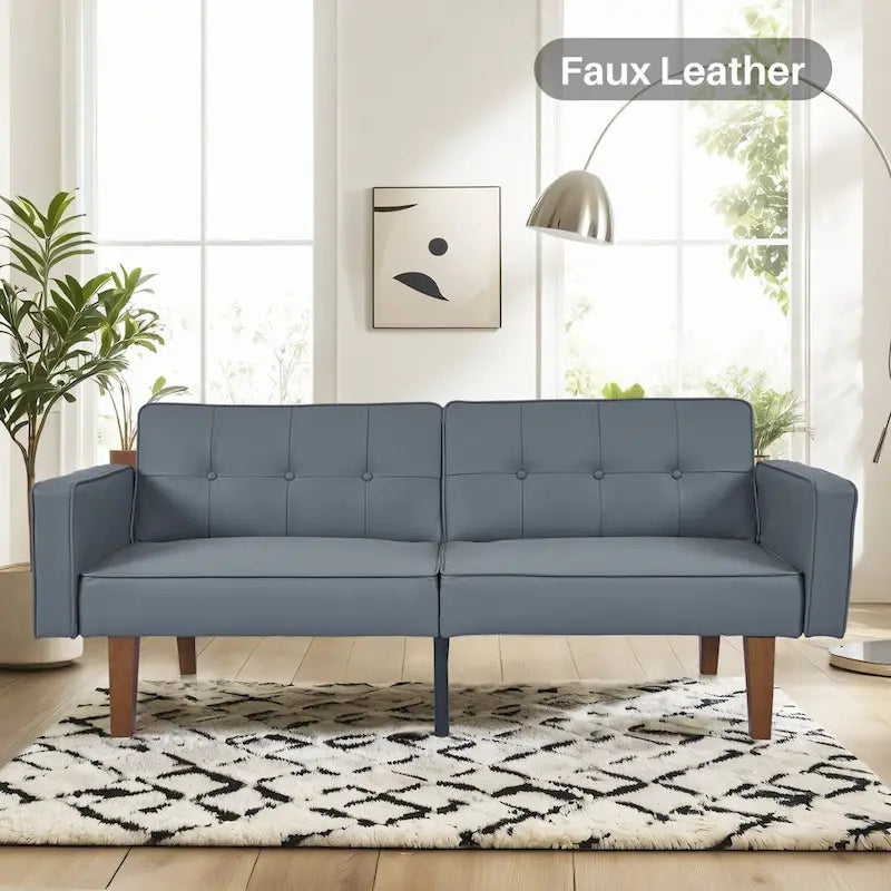 Futon Sofa Bed with Tufted Back and Wood Legs