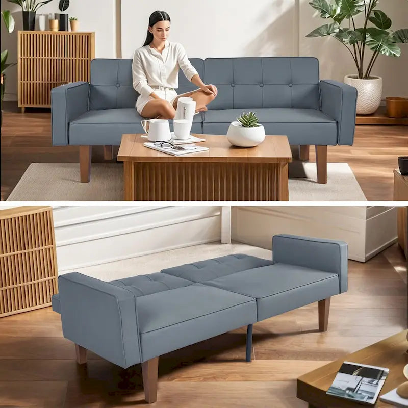 Futon Sofa Bed with Tufted Back and Wood Legs