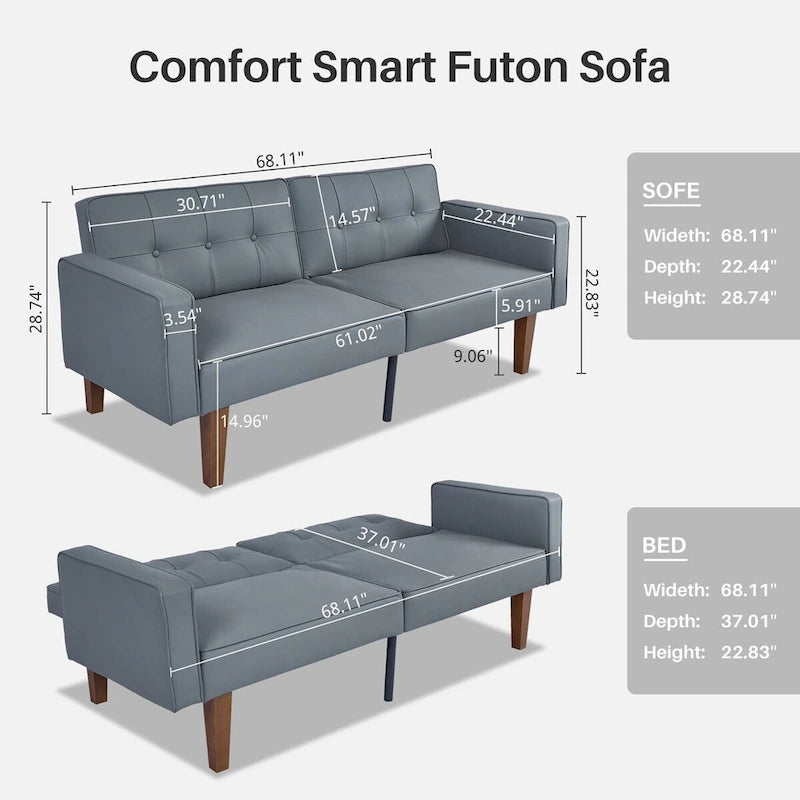 Futon Sofa Bed with Tufted Back and Wood Legs