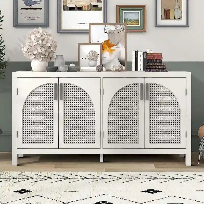 Modern Farmhouse Style Sideboard with Four Artificial Rattan Decorated Doors