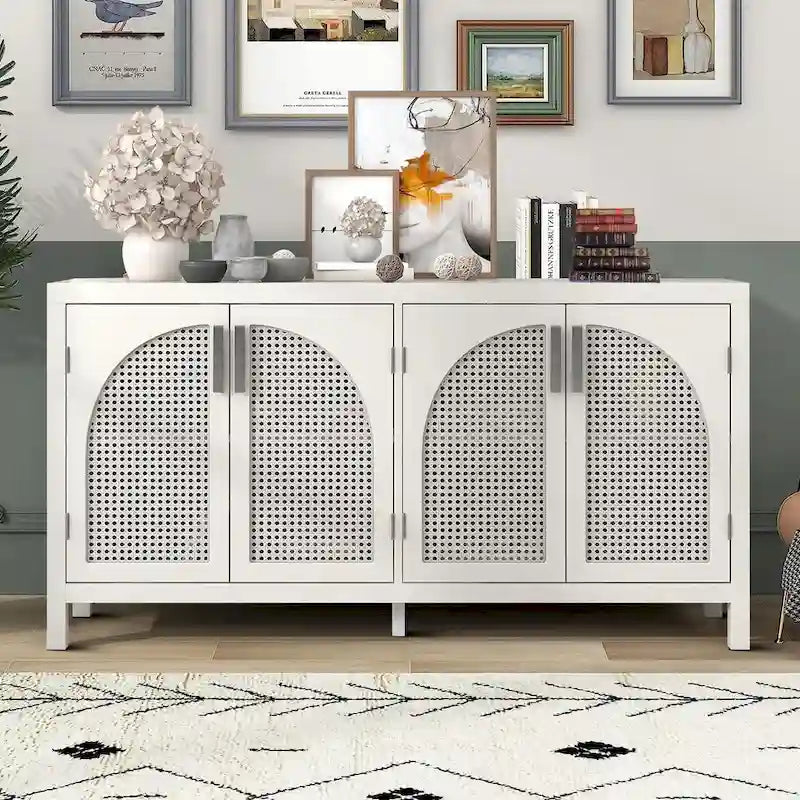 Modern Farmhouse Style Sideboard with Four Artificial Rattan Decorated Doors