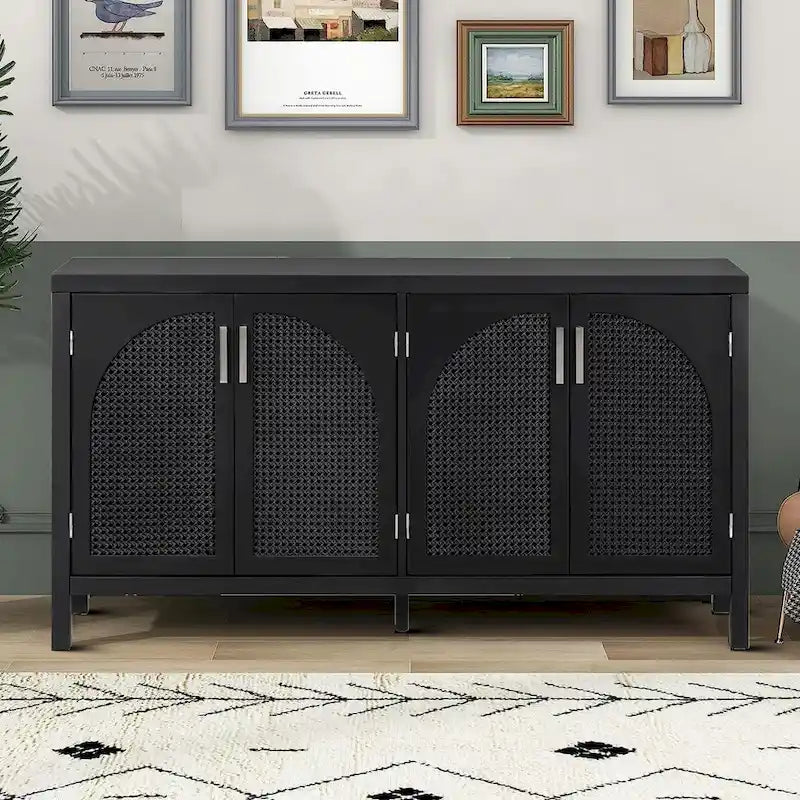 Modern Farmhouse Style Sideboard with Four Artificial Rattan Decorated Doors