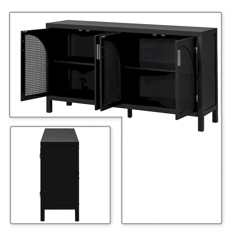 Modern Farmhouse Style Sideboard with Four Artificial Rattan Decorated Doors