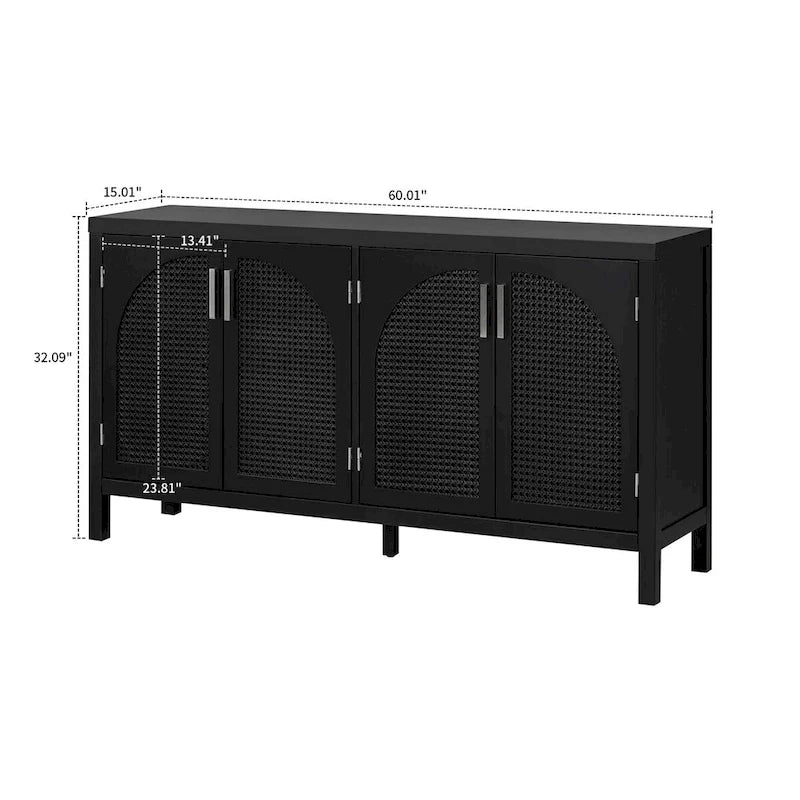 Modern Farmhouse Style Sideboard with Four Artificial Rattan Decorated Doors