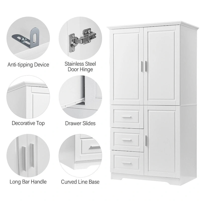 Tall and Wide Storage Cabinet with Doors for Bathroom, Three Drawers