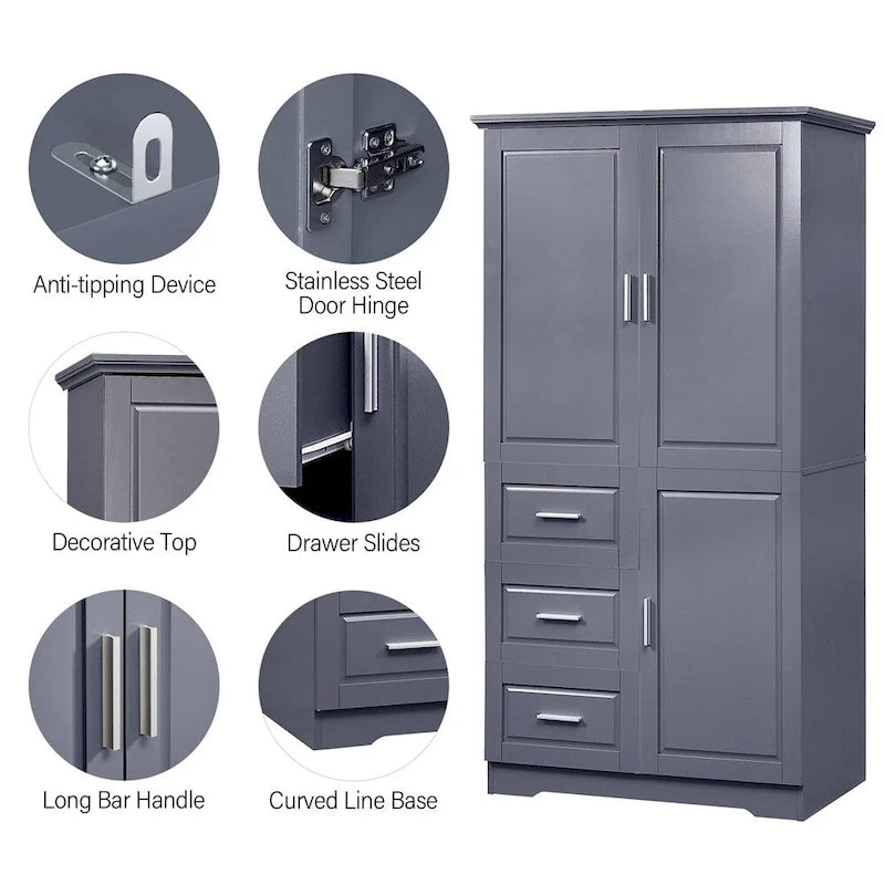 Tall and Wide Storage Cabinet with Doors for Bathroom, Three Drawers